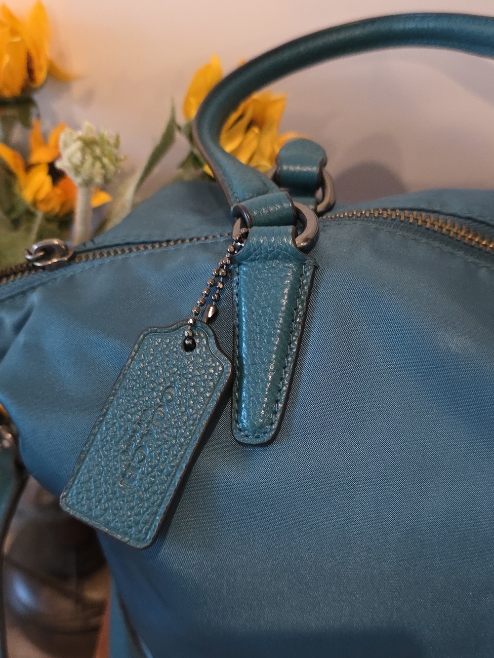 Coach Teal Nylon Pebble Trim Gunmetal Harware Convertible Tote - Picture 2 of 10